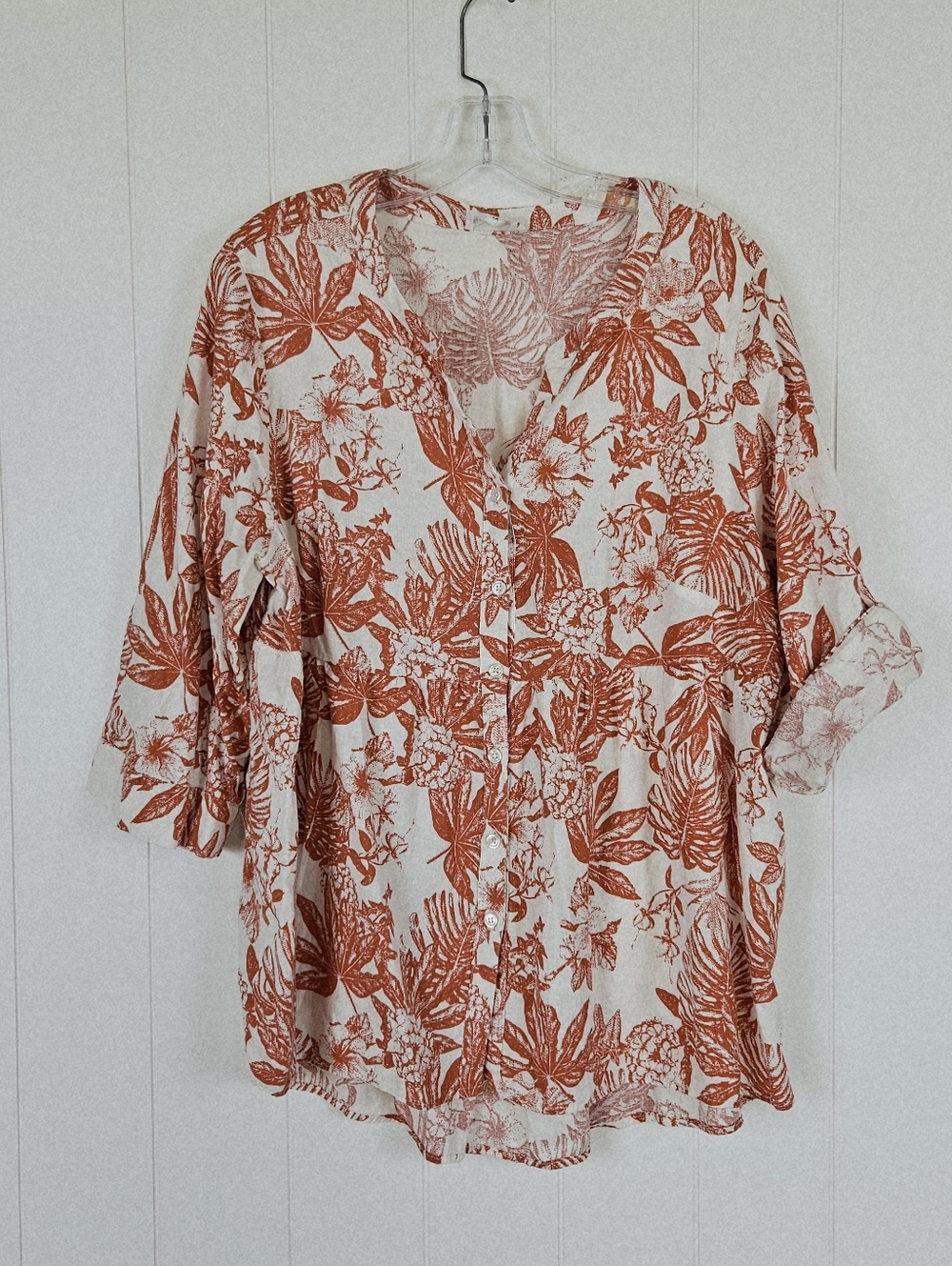 Panama Jack Linen Blend Shirt Womens 1X Orange White Tropical Floral Roll Tab